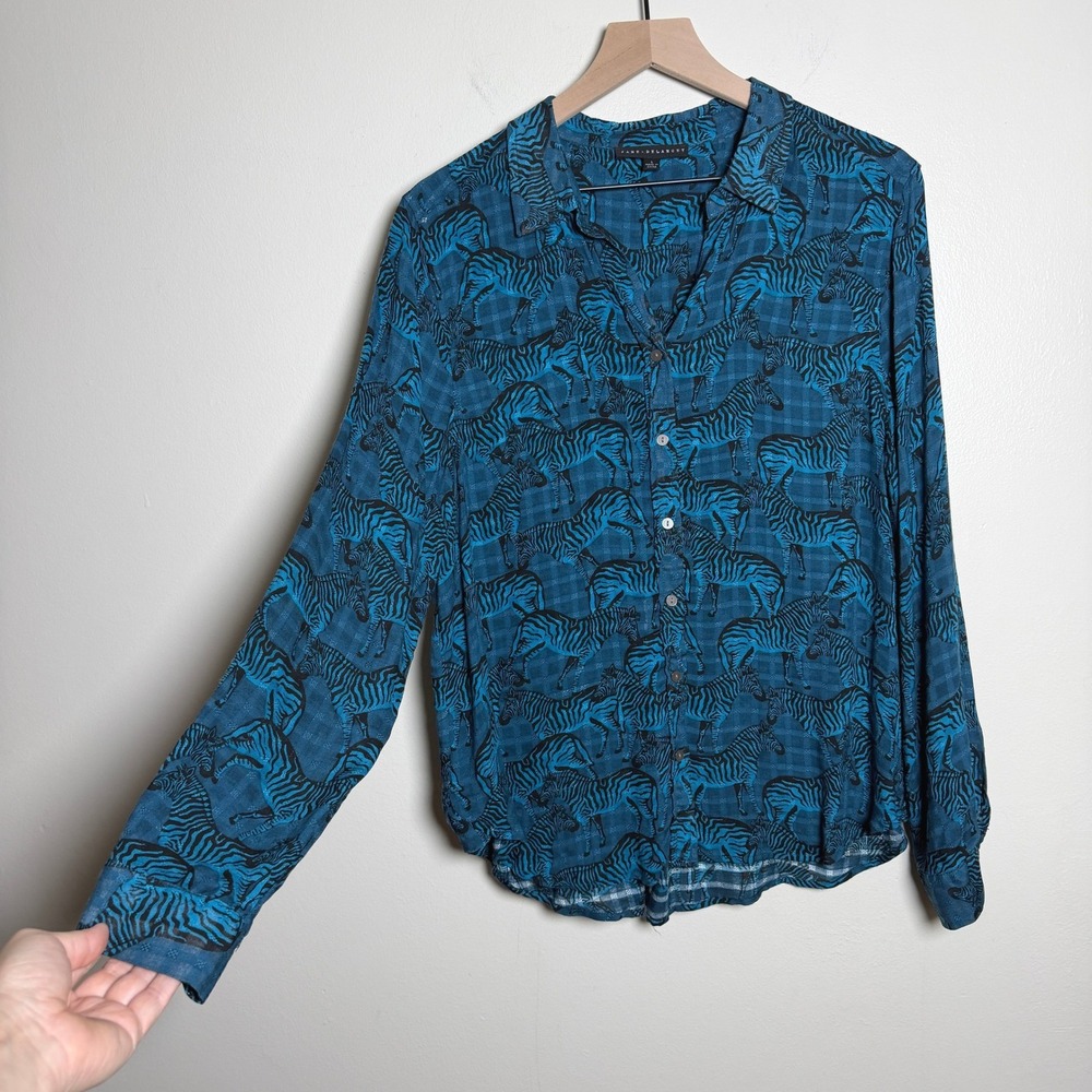 Jane + Delancey Womens Top Large Blue Zebra Print Button Down Long Sleeve Dobby